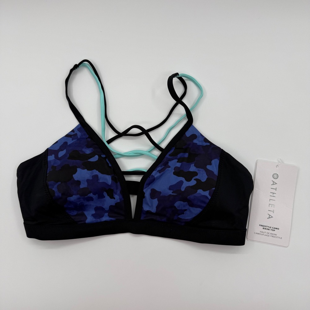 Athleta Freestyle Camo Bikini Top Blue Black‎ Strappy Swim Small 422962